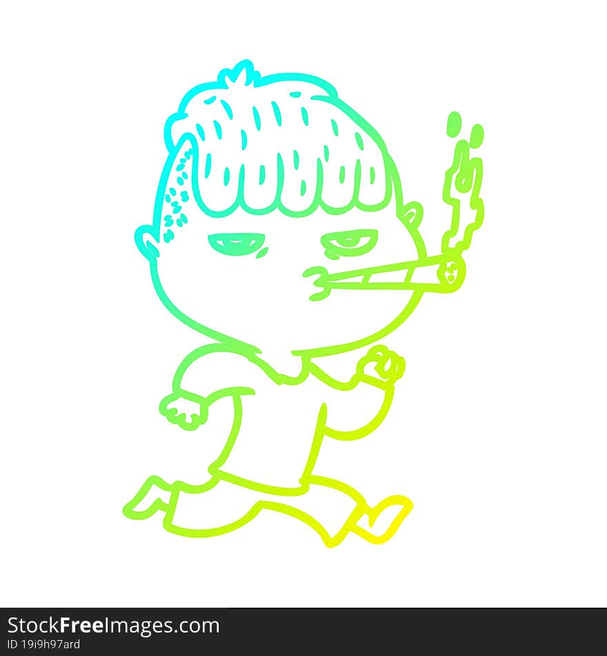 cold gradient line drawing cartoon man smoking whilst running