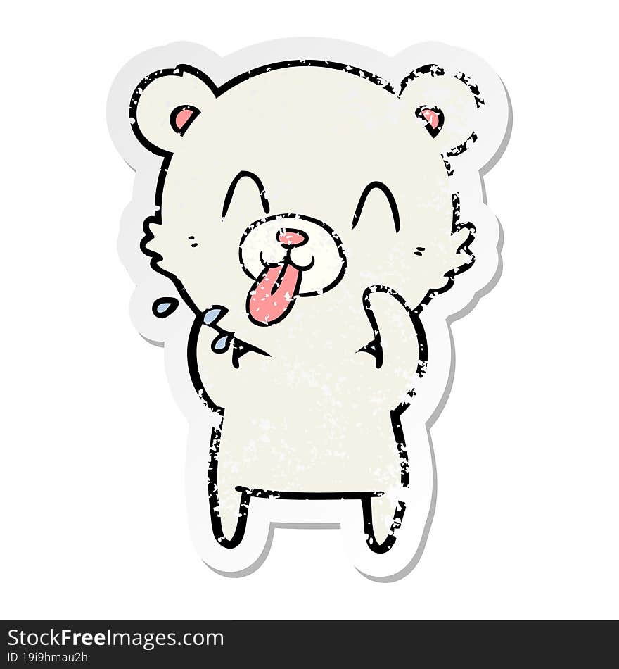 distressed sticker of a rude cartoon polar bear sticking out tongue