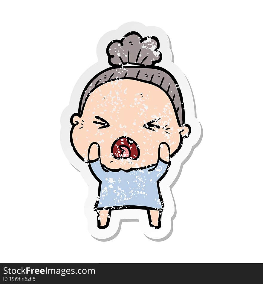 distressed sticker of a cartoon angry old woman