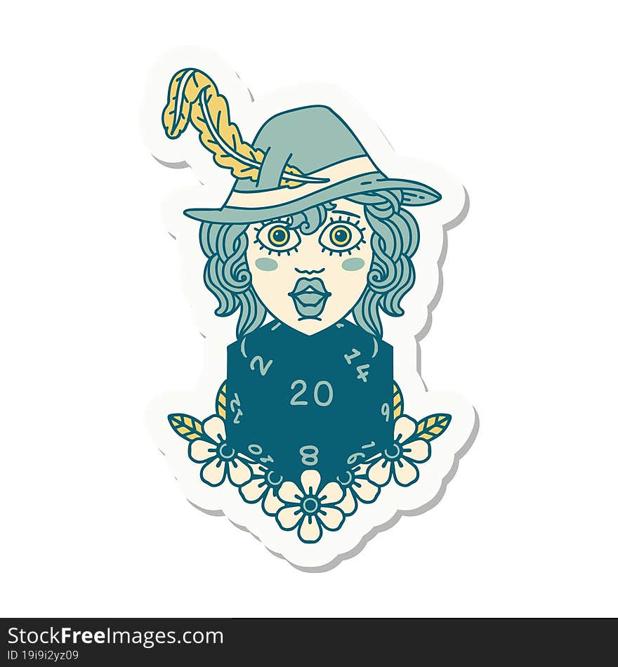 human bard with natural 20 dice roll sticker