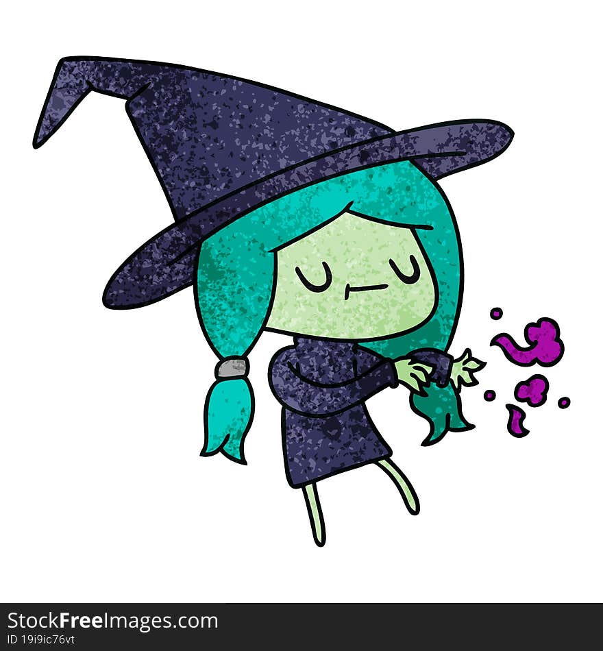 textured cartoon of cute kawaii witch