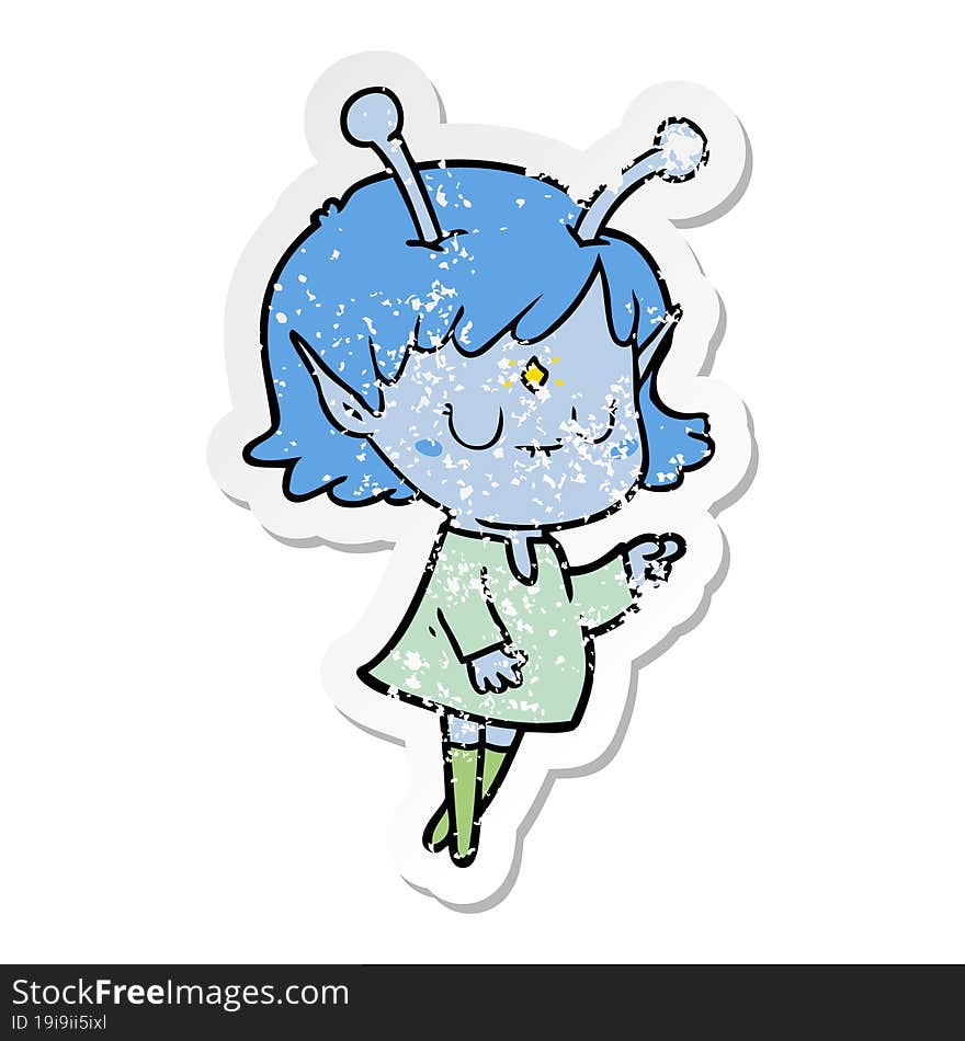 distressed sticker of a cartoon alien girl