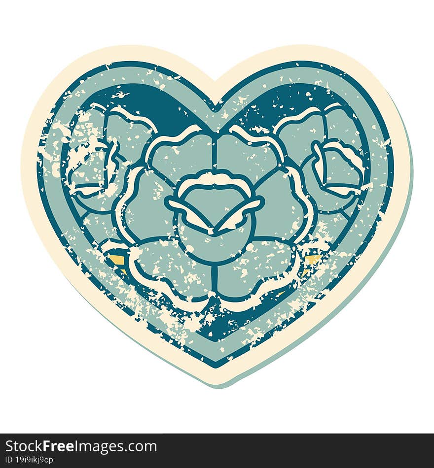 iconic distressed sticker tattoo style image of a heart and flowers. iconic distressed sticker tattoo style image of a heart and flowers