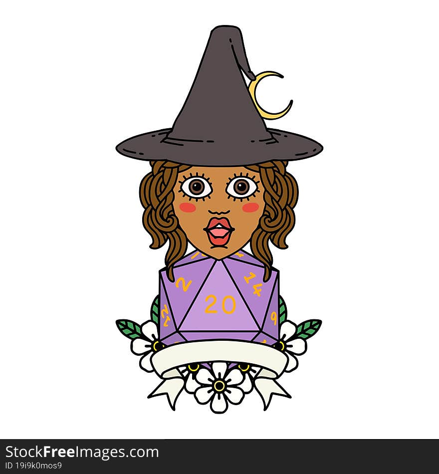 human witch with natural twenty dice roll illustration