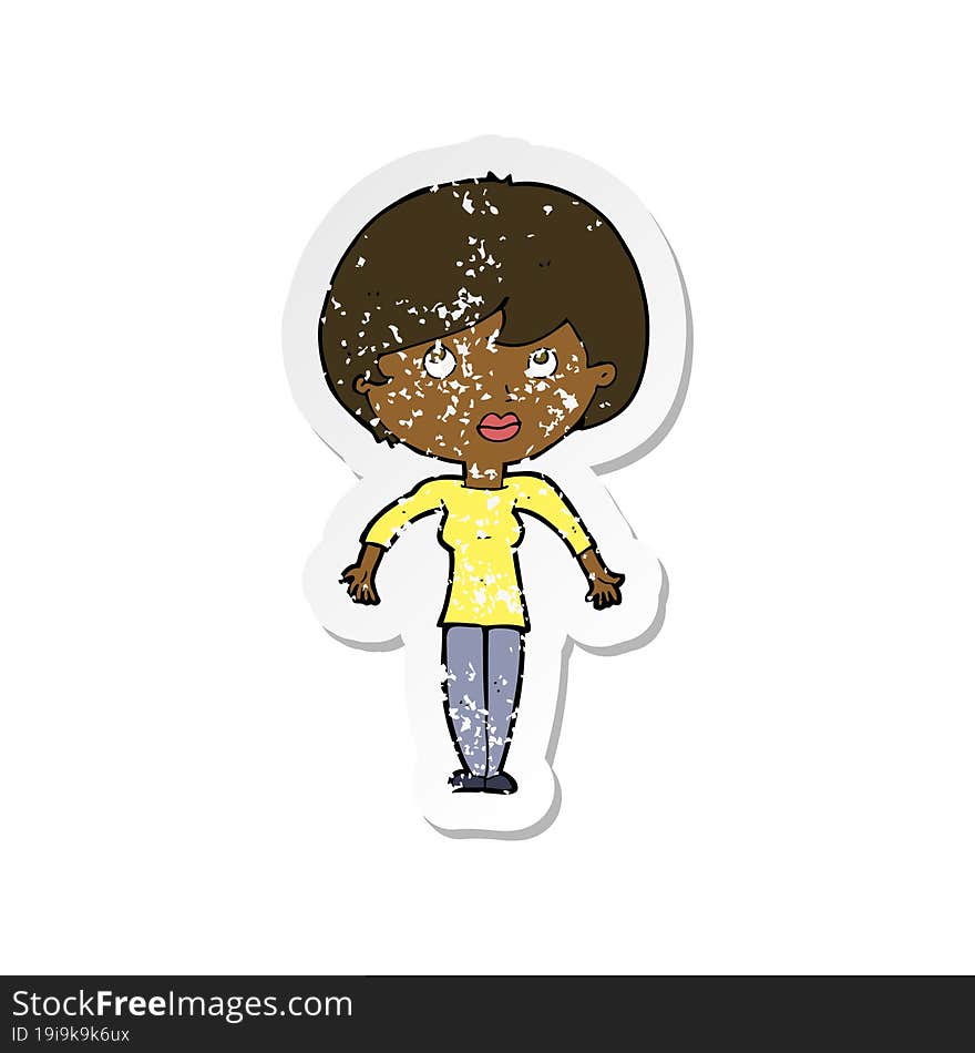 Retro Distressed Sticker Of A Cartoon Woman Shrugging Shoulders