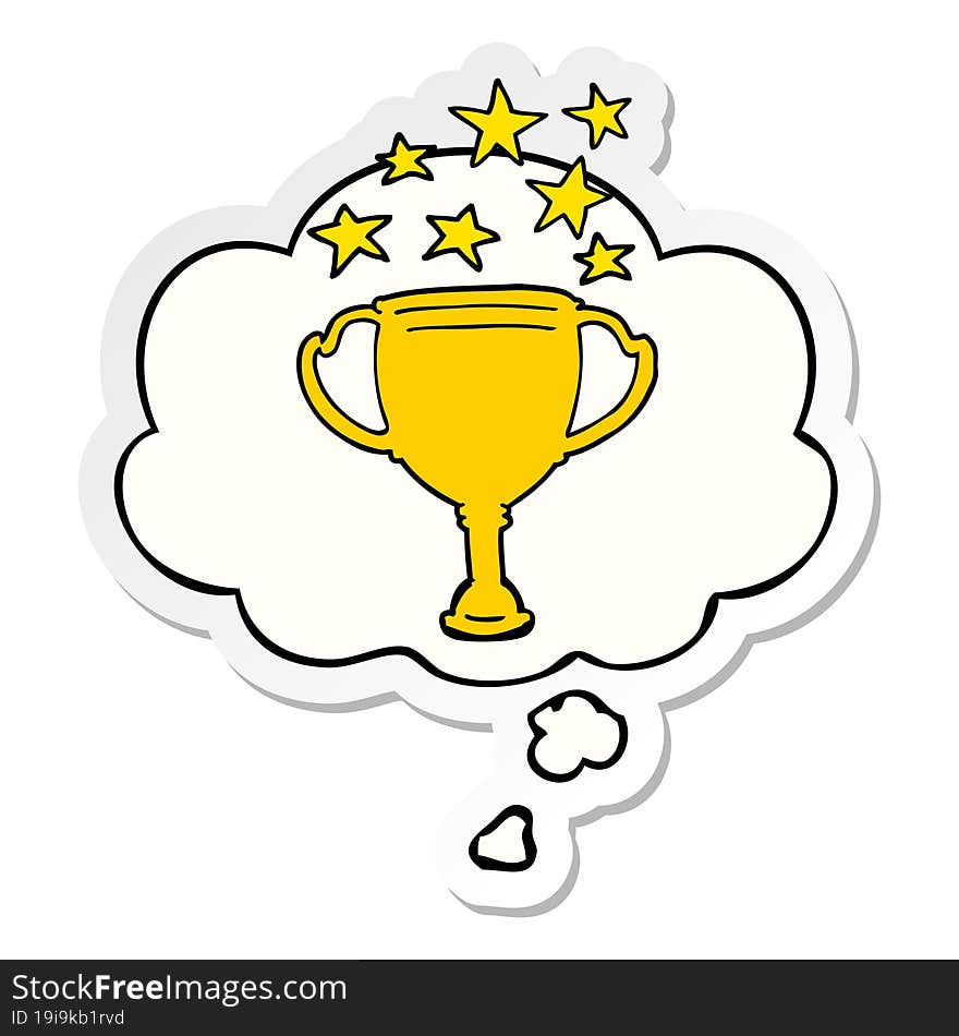 cartoon sports trophy and thought bubble as a printed sticker