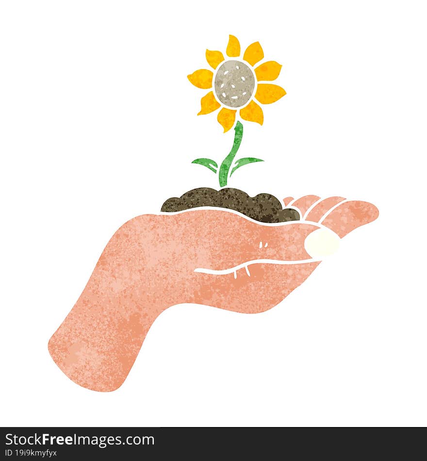 Retro Cartoon Flower Growing In Palm Of Hand