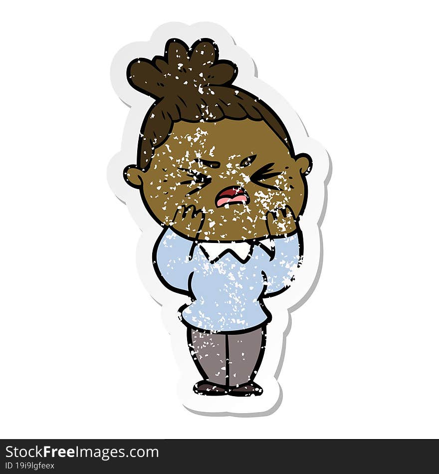 Distressed Sticker Of A Cartoon Angry Woman