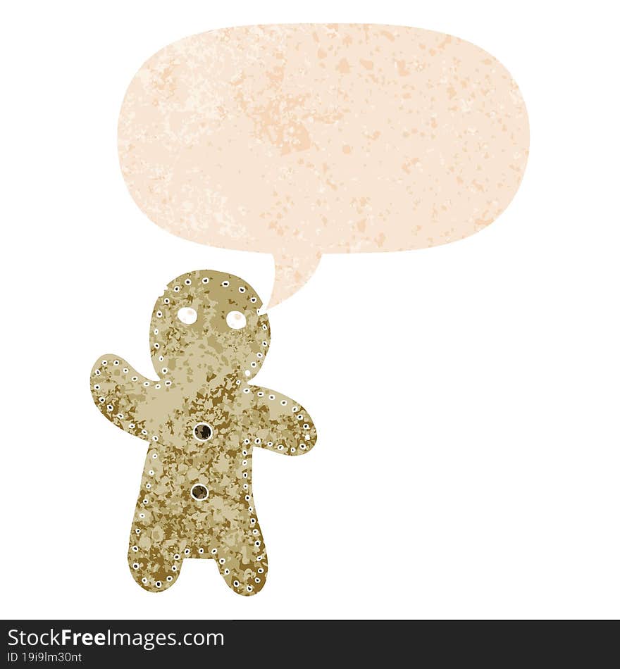 cartoon gingerbread man with speech bubble in grunge distressed retro textured style. cartoon gingerbread man with speech bubble in grunge distressed retro textured style