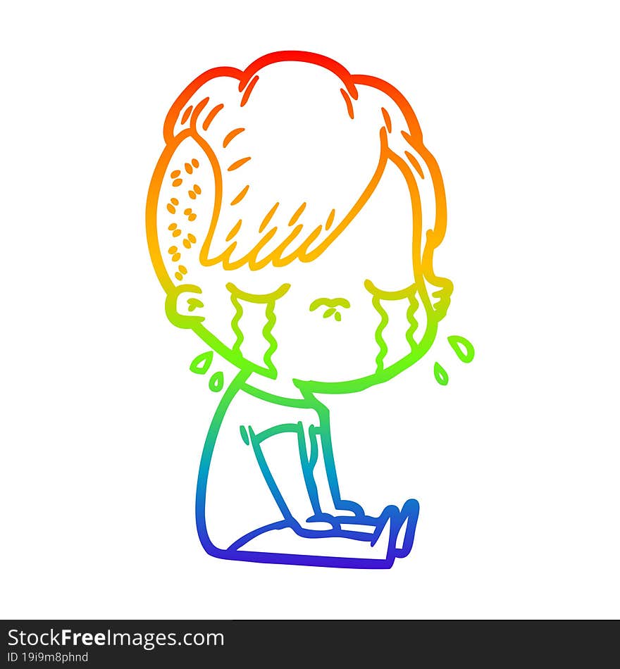 rainbow gradient line drawing of a cartoon crying girl