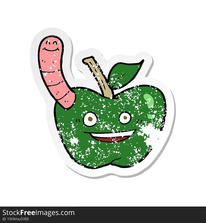 retro distressed sticker of a cartoon apple with worm