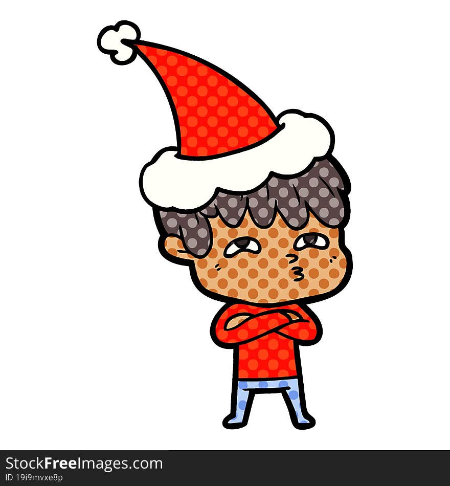 comic book style illustration of a curious man wearing santa hat