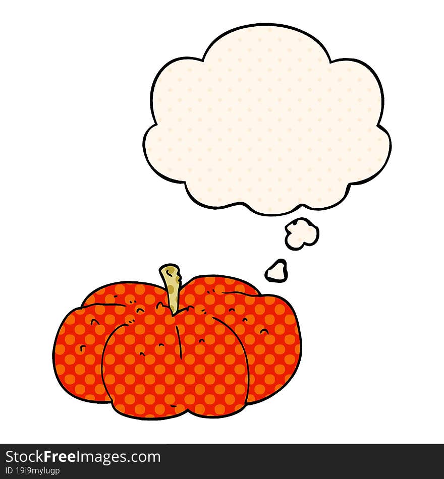 cartoon pumpkin and thought bubble in comic book style