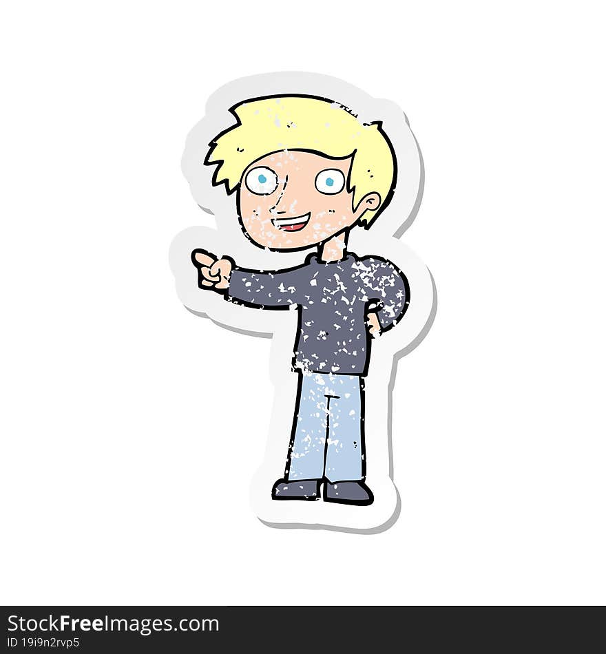 Retro Distressed Sticker Of A Cartoon Man Pointing