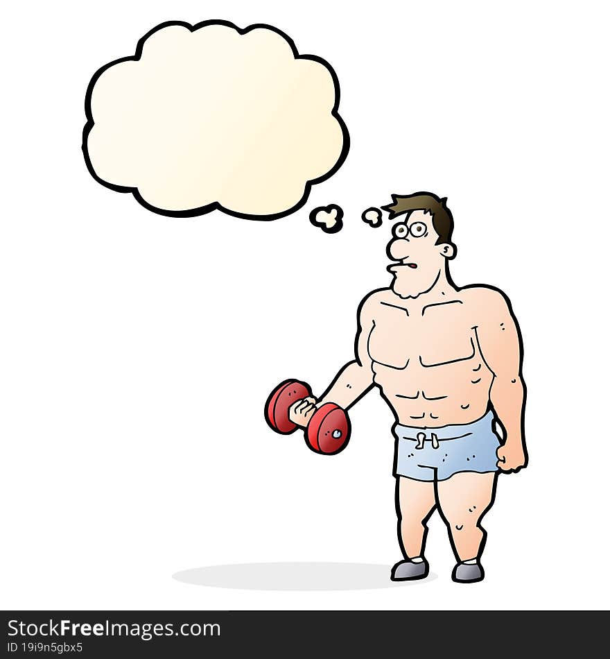 cartoon man lifting weights with thought bubble