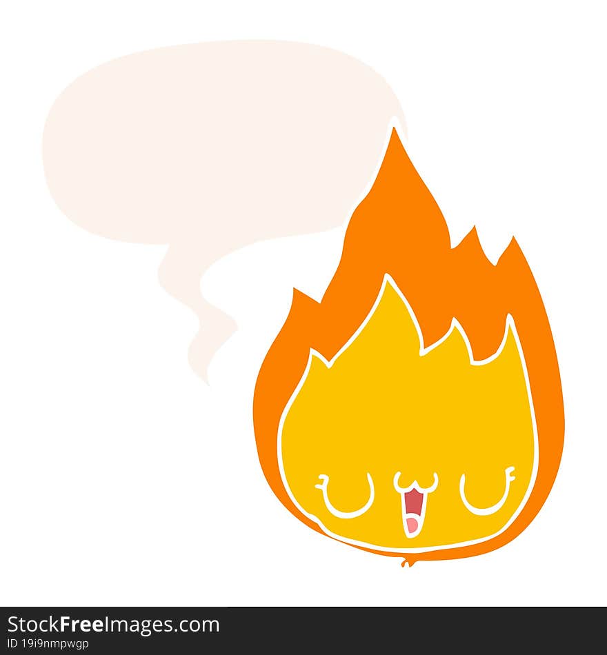 cartoon flame with face with speech bubble in retro style. cartoon flame with face with speech bubble in retro style