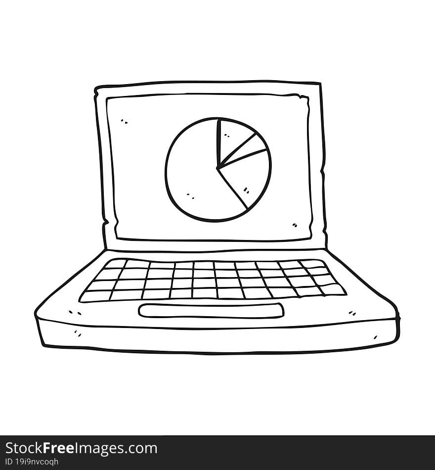 freehand drawn black and white cartoon laptop computer with pie chart