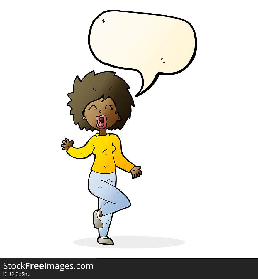 cartoon woman dancing with speech bubble