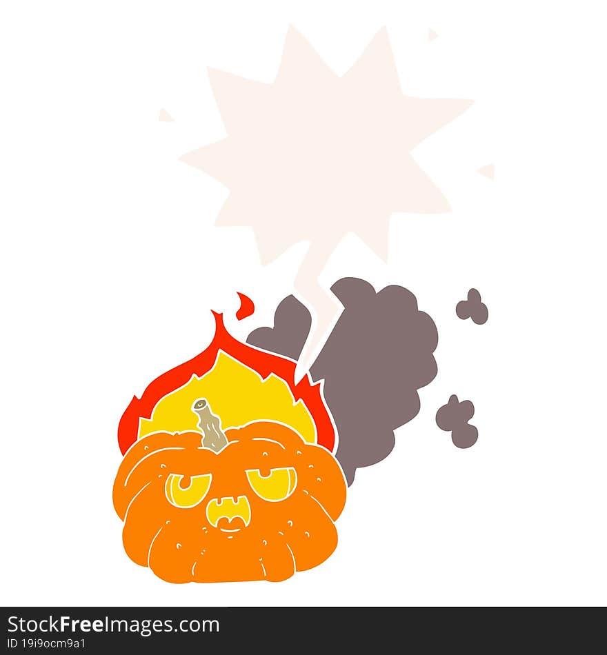 cartoon flaming halloween pumpkin and speech bubble in retro style