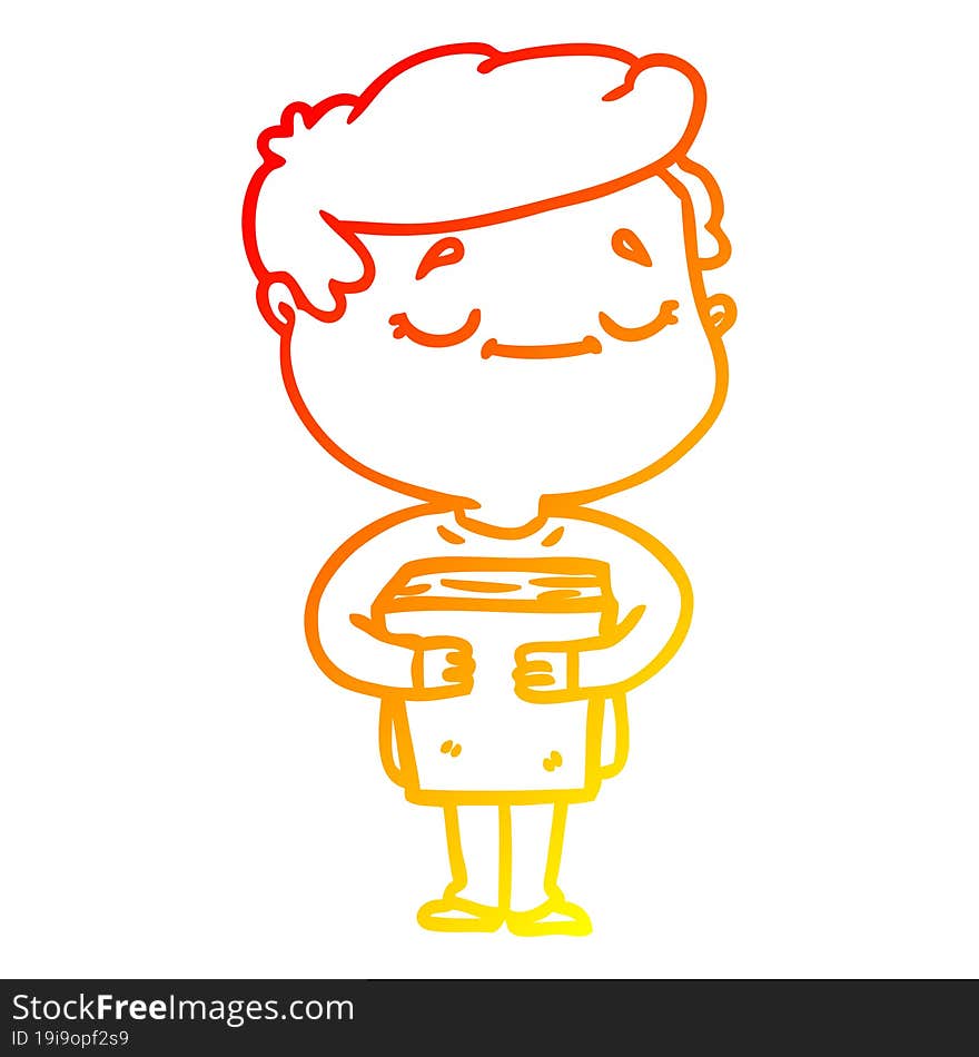 warm gradient line drawing of a cartoon peaceful man carrying book