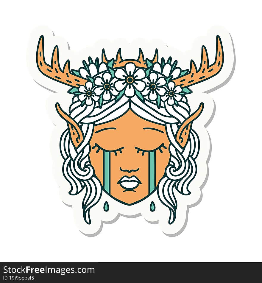 sticker of a crying elf druid character face. sticker of a crying elf druid character face