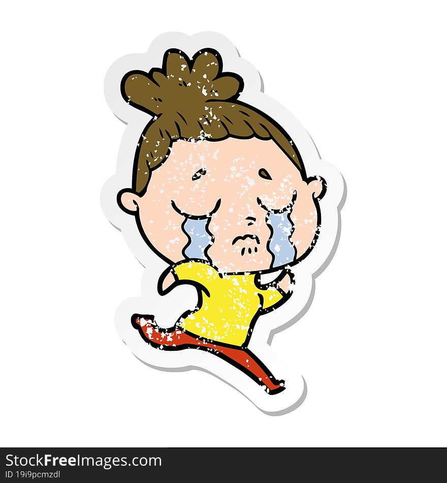 distressed sticker of a cartoon crying woman running away