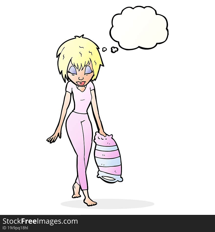 cartoon woman going to bed with thought bubble