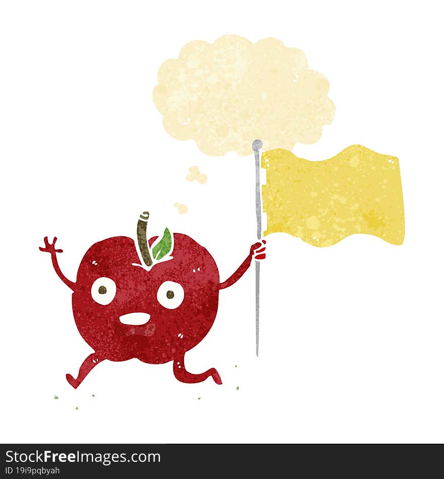 cartoon funny apple with flag with thought bubble