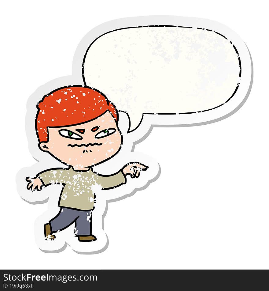 cartoon angry man pointing and speech bubble distressed sticker