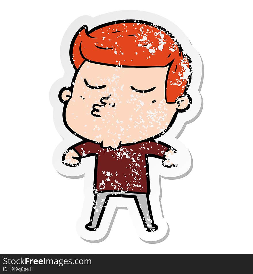 distressed sticker of a cartoon model guy pouting