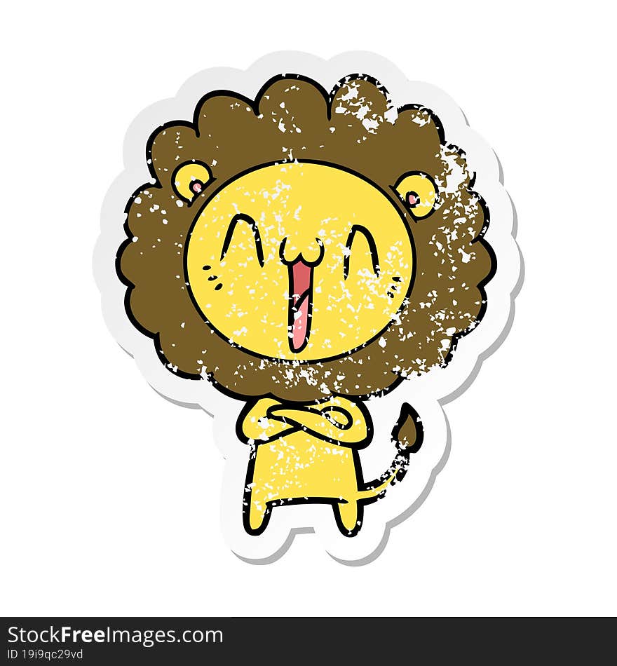 distressed sticker of a happy cartoon lion