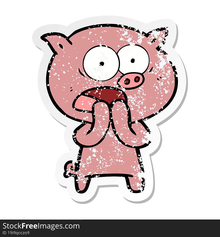 Distressed Sticker Of A Cartoon Pig Shouting