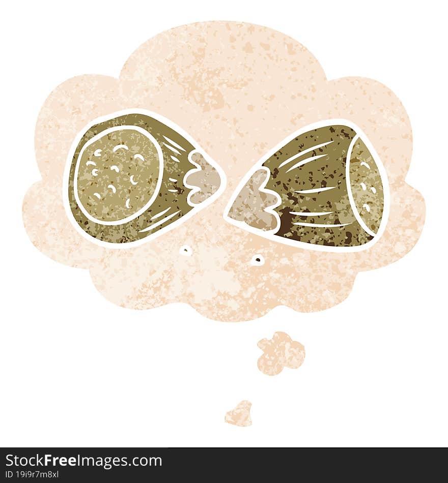 cartoon hazelnuts and thought bubble in retro textured style