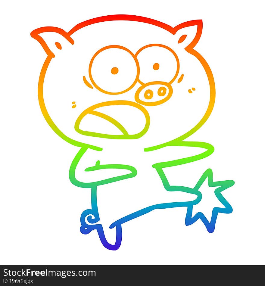 rainbow gradient line drawing cartoon pig shouting and kicking