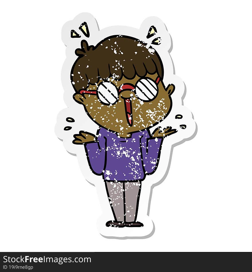 distressed sticker of a cartoon boy wearing spectacles