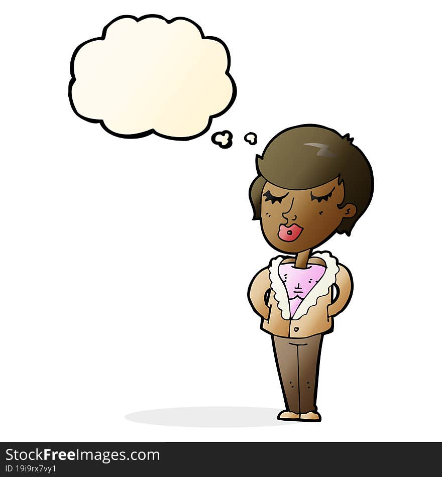 cartoon cool relaxed woman with thought bubble