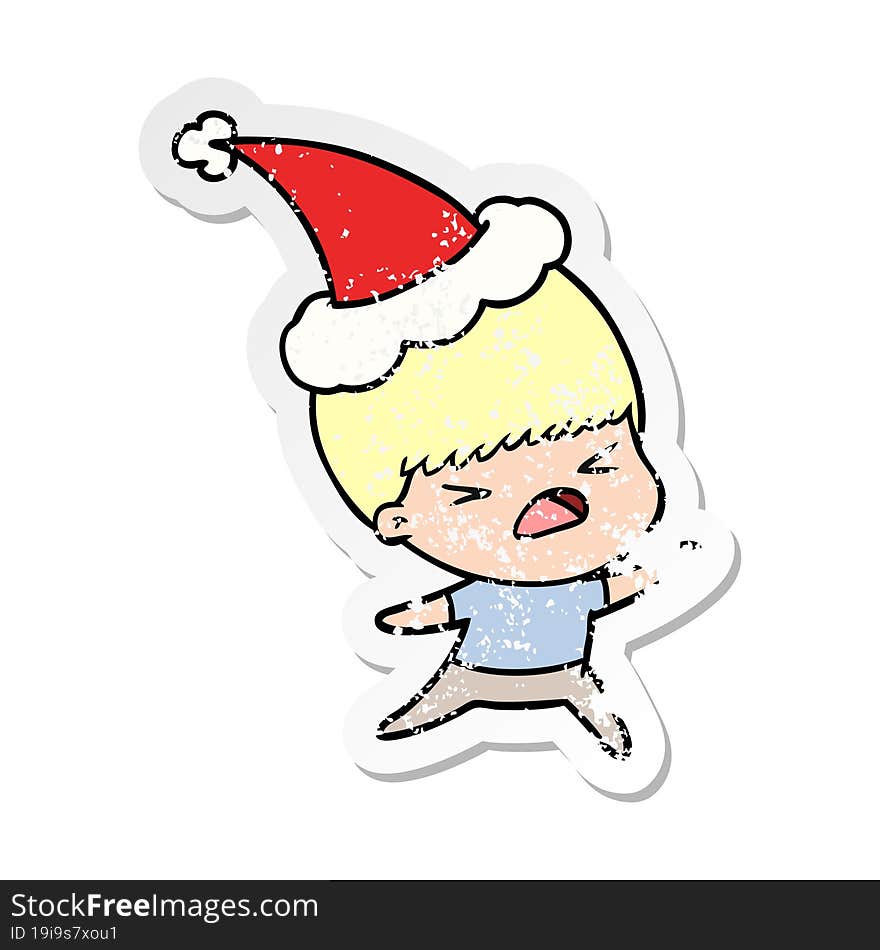 Distressed Sticker Cartoon Of A Stressed Man Wearing Santa Hat