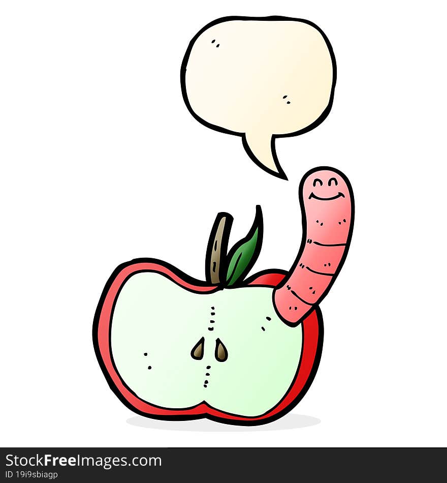 cartoon apple with worm with speech bubble