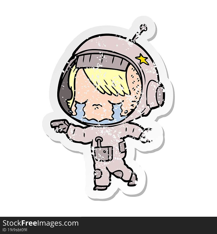 distressed sticker of a cartoon crying astronaut girl