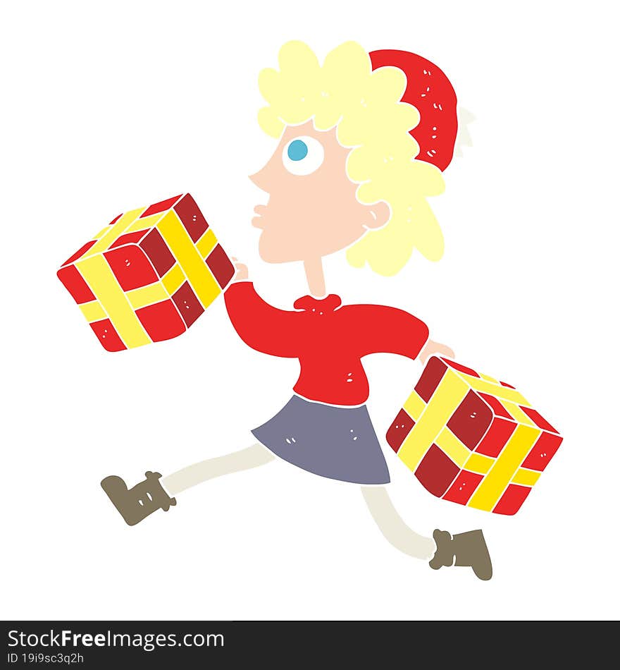 flat color illustration of a cartoon running woman with presents