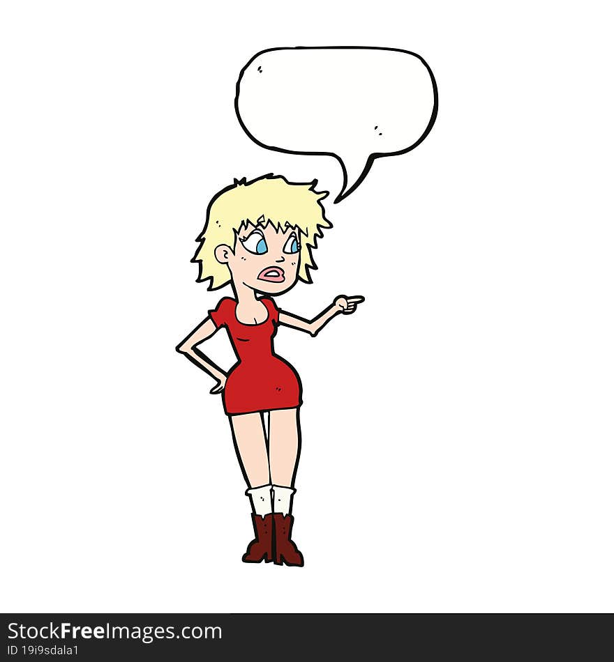 cartoon worried woman in dress pointing with speech bubble