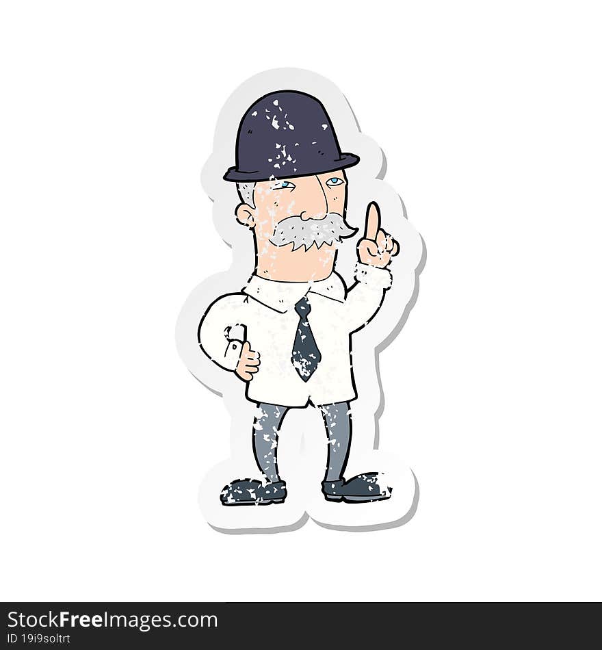 retro distressed sticker of a cartoon man in bowler hat