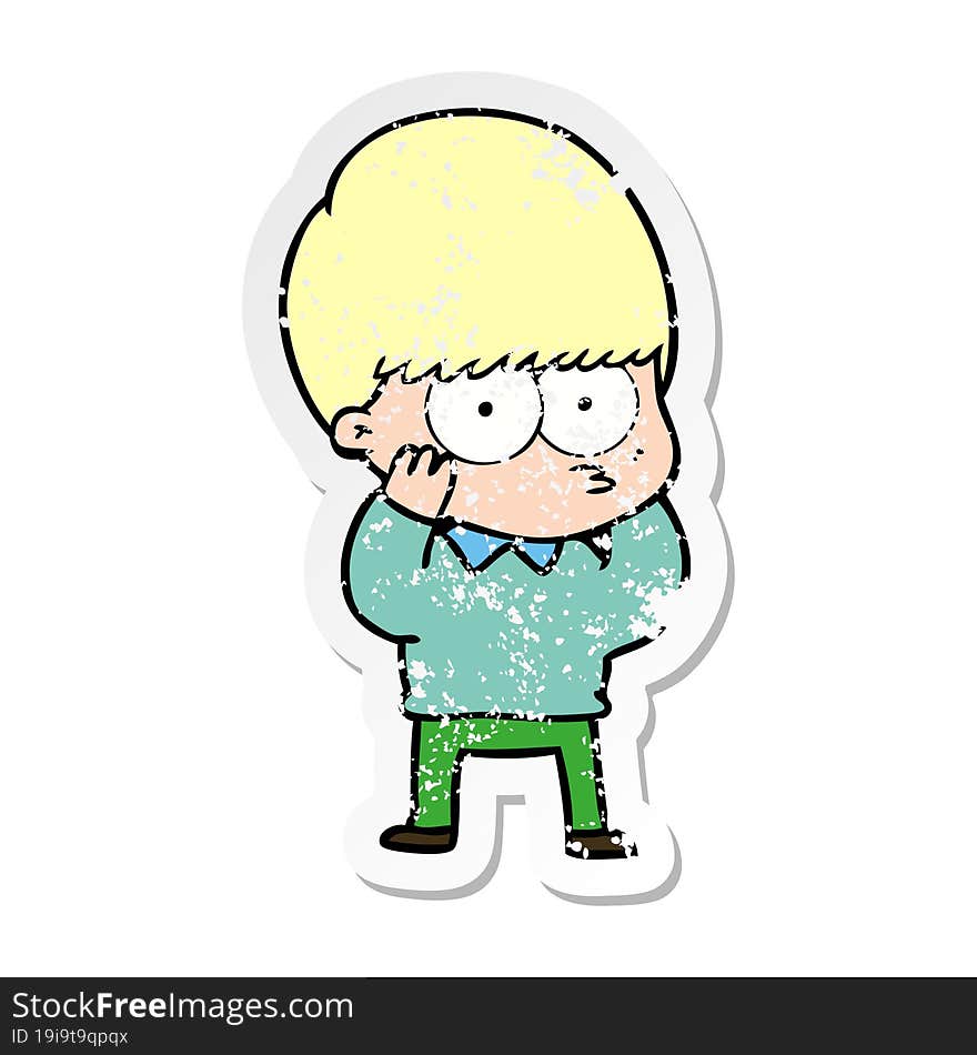 distressed sticker of a nervous cartoon boy