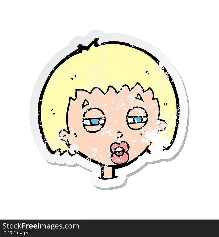 retro distressed sticker of a cartoon woman narrowing eyes