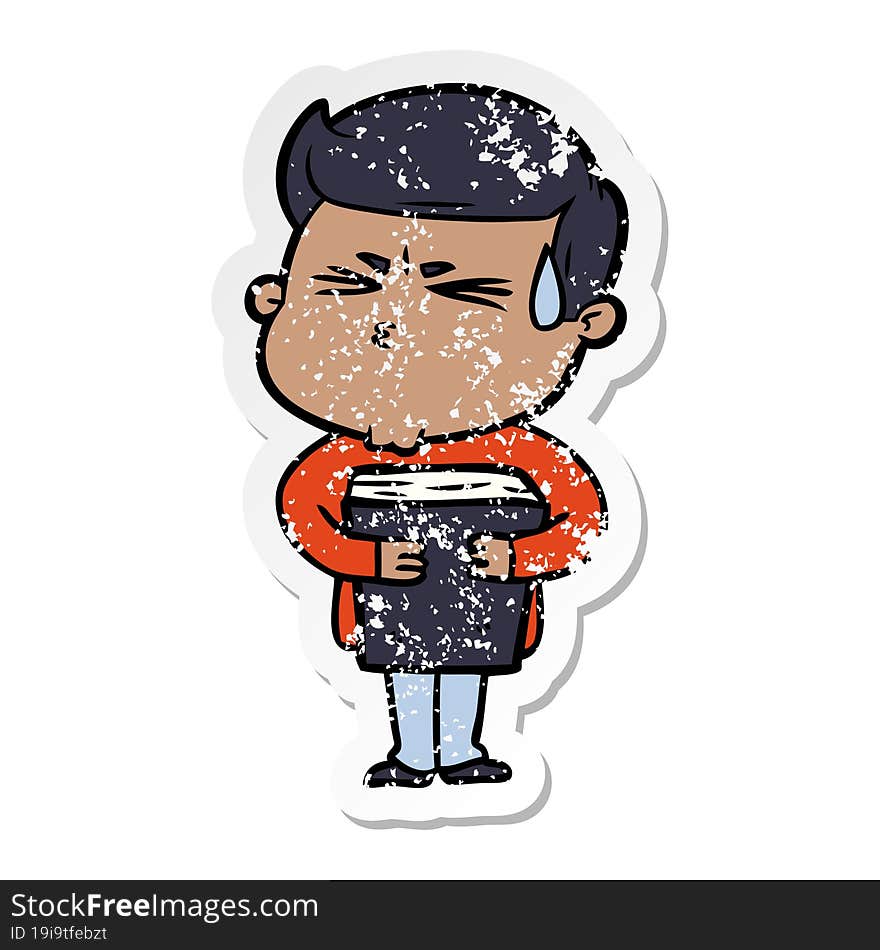 distressed sticker of a cartoon man sweating