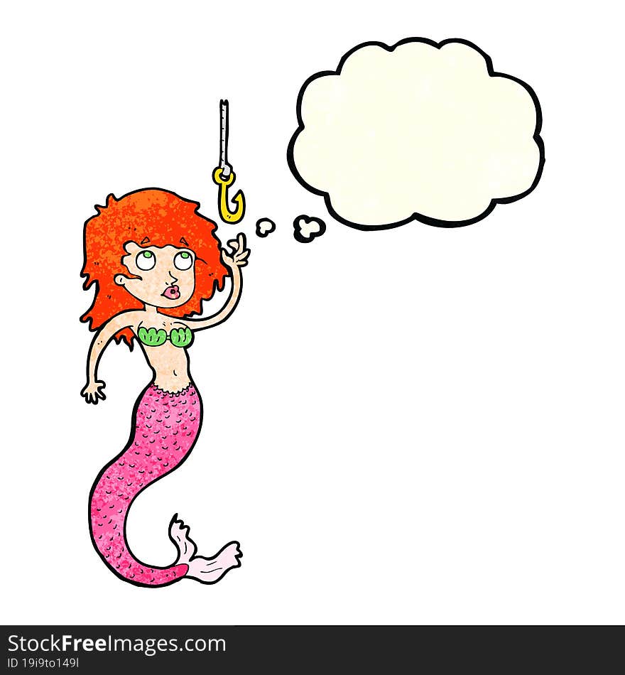 cartoon mermaid and fish hook with thought bubble