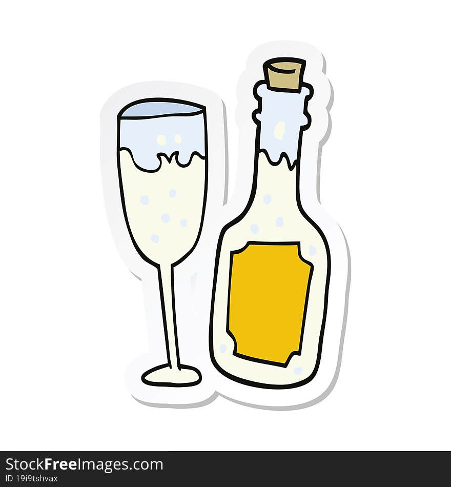 sticker of a cartoon champagne bottle and glass