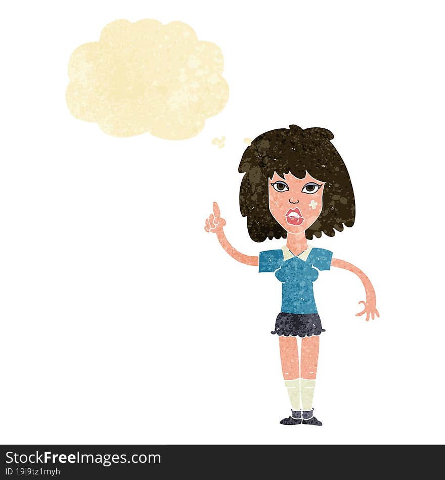 cartoon tough woman with idea with thought bubble