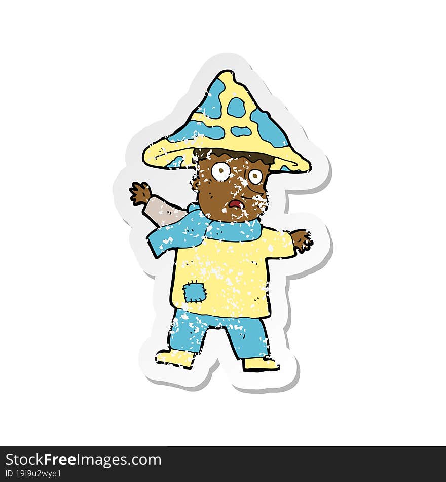 retro distressed sticker of a cartoon magical mushroom man