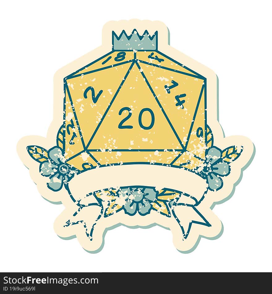 Retro Tattoo Style natural 20 critical hit D20 dice roll. Retro Tattoo Style natural 20 critical hit D20 dice roll